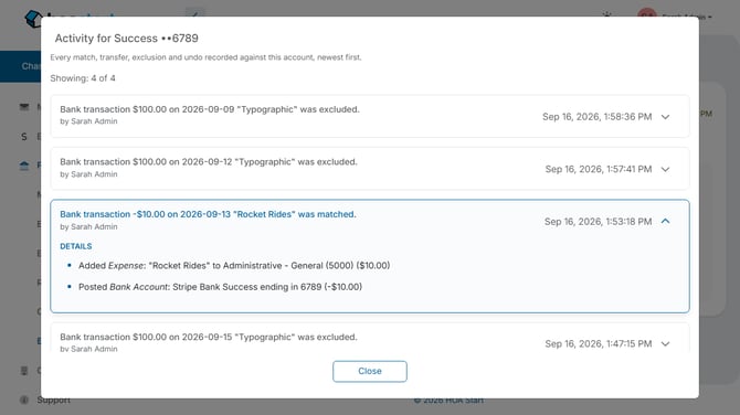 The Activity log window with a matched transaction expanded to show its details