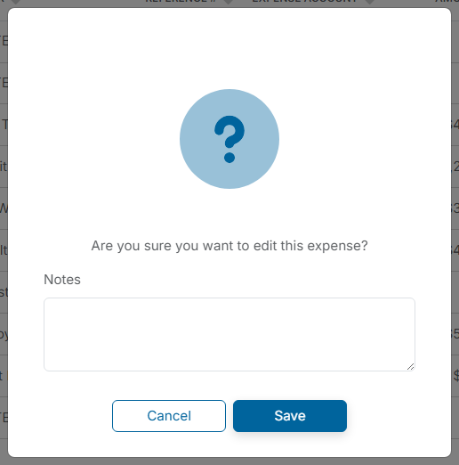The confirmation window after clicking Save on an expense edit, with an optional Notes box