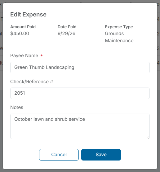 The Edit Expense window. Amount Paid, Date Paid, and Expense Type are shown as read-only text; Payee Name, Check/Reference #, and Notes can be changed.