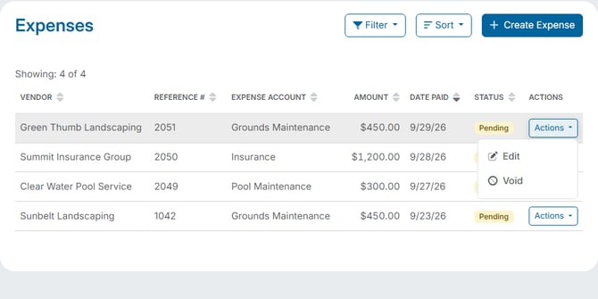 The Actions menu on an expense row in the Expenses list, showing the Edit and Void options