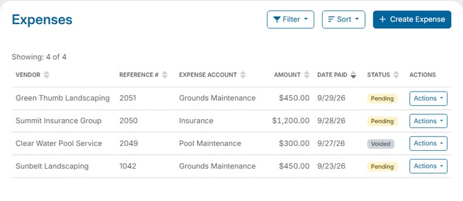Status badges in the Expenses list, showing Pending and Voided expenses