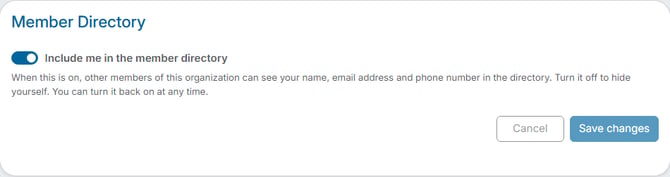The Settings tab of a member profile, showing the Include me in the member directory toggle with Cancel and Save changes buttons